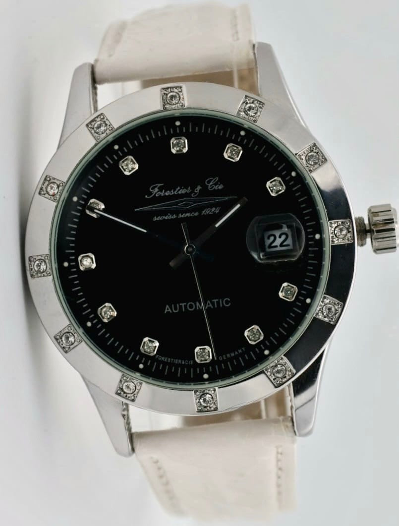 Forestier & Cie Automatik Herren Leder Armband Automatikuhr Herrenuhr Datum Weiß0