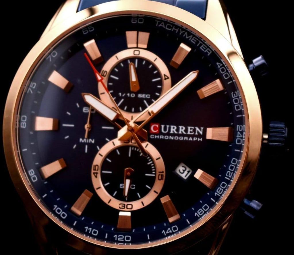 Herren Männer Armband Uhr Herrenuhr Chronograph mit Datumsanzeige Rosé Blau2