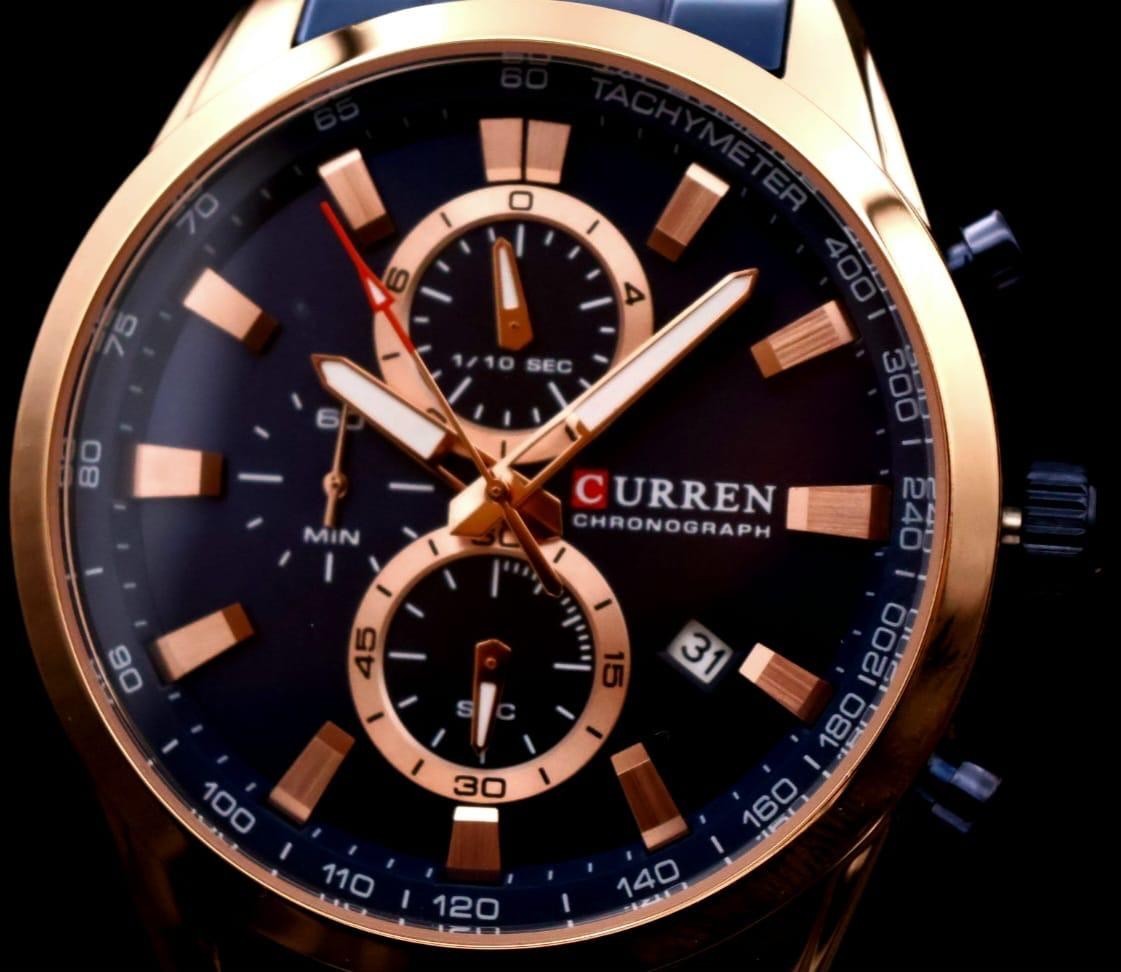 Herren Männer Armband Uhr Herrenuhr Chronograph mit Datumsanzeige Rosé Blau2