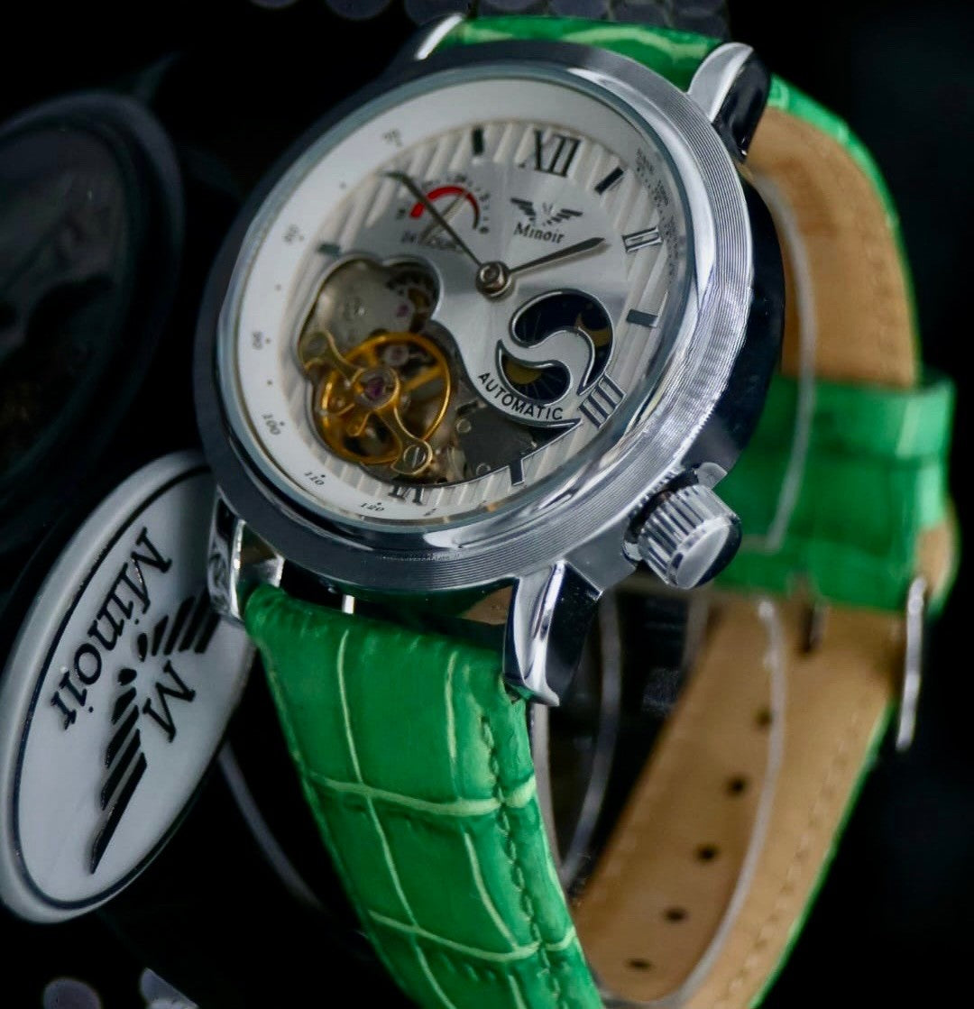 Mega Edle Herren Uhr Automatikuhr Armbanduhr Minoir LUXUS mit offener Unruh Grün0