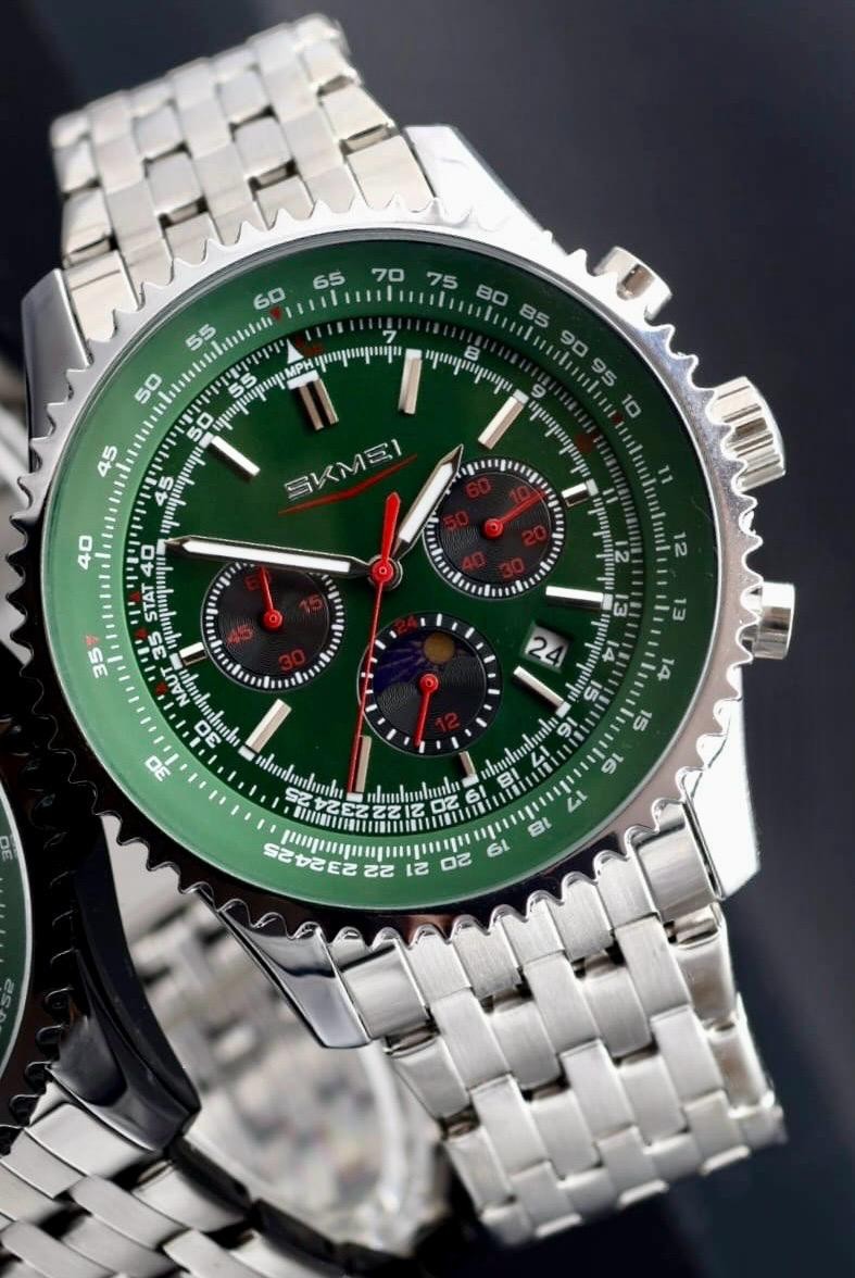 HERRENUHR - SKM - CHRONOGRAPH - STOPPUHR - DATUM - EDELSTAHL - GRÜN - 48MM - NEU0
