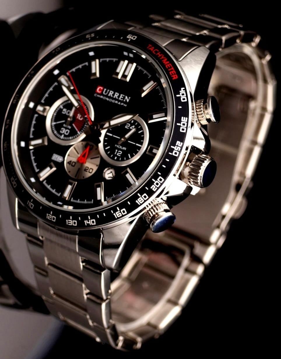 Edle Herren Männer Armband Uhr Chronograph Stoppuhr Datum Schwarz Silber Farben0