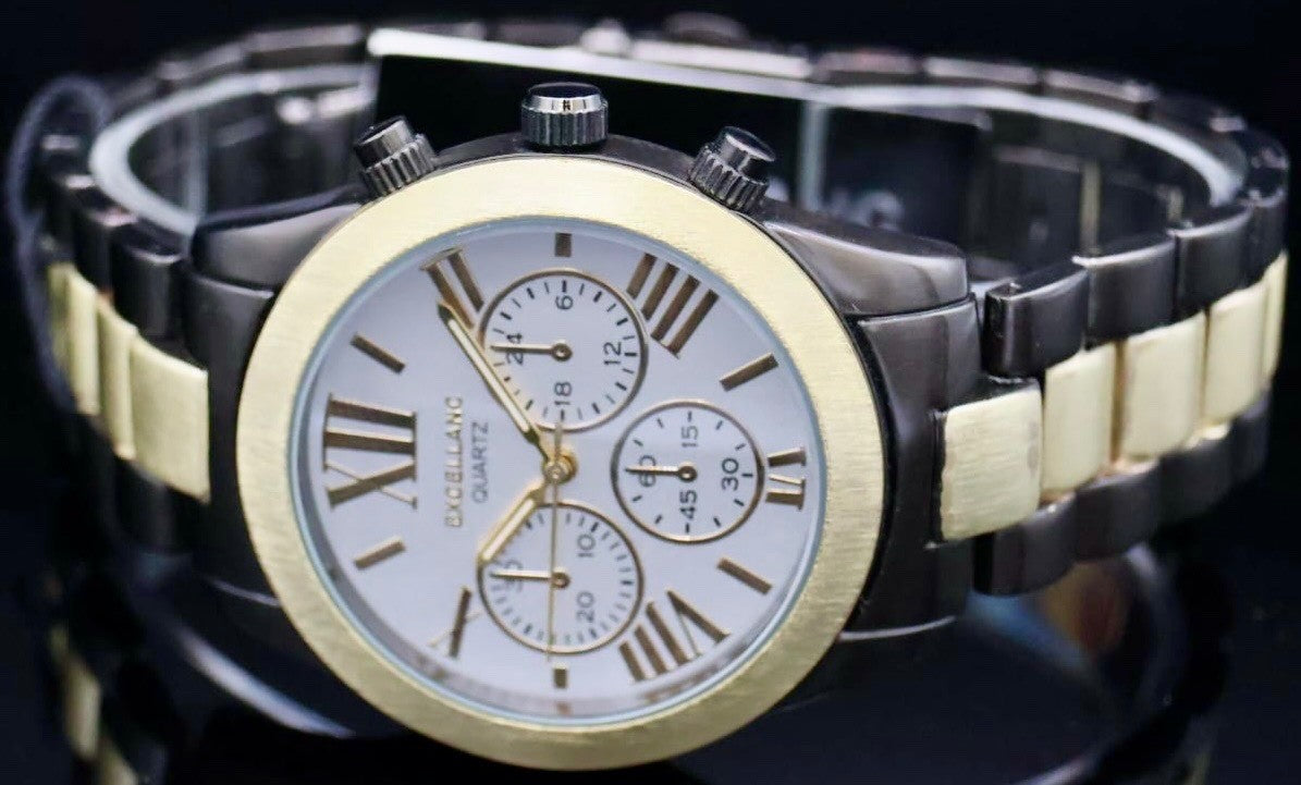 Excellanc Herren Männer Armband Uhr Schwarz Gold Farben Herrennuhr Chrono-Look1