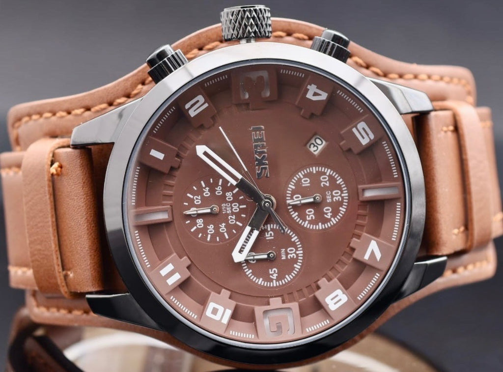 SKM - CHRONOGRAPH - HERRENUHR - STOPPFUNKTION - DATUM - LEDERBAND - BRAUN - 48MM1