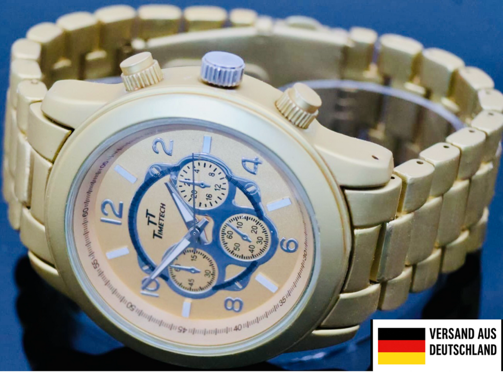 TimeTech Herren Armband Uhr Analog Quarz Uhr Chrono-Optik Gold Farben0