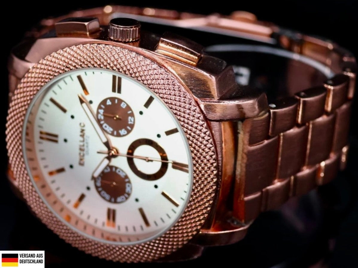 Edle Excellanc Herren Männer Armband Uhr Weiß Rosé Farben Herrenuhr Chrono-Look0