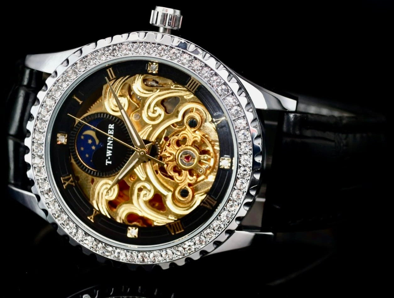 Winner Herren Automatik Uhr Herrenuhr Gold Schwarz Farben mit offenem Uhrwerk 010