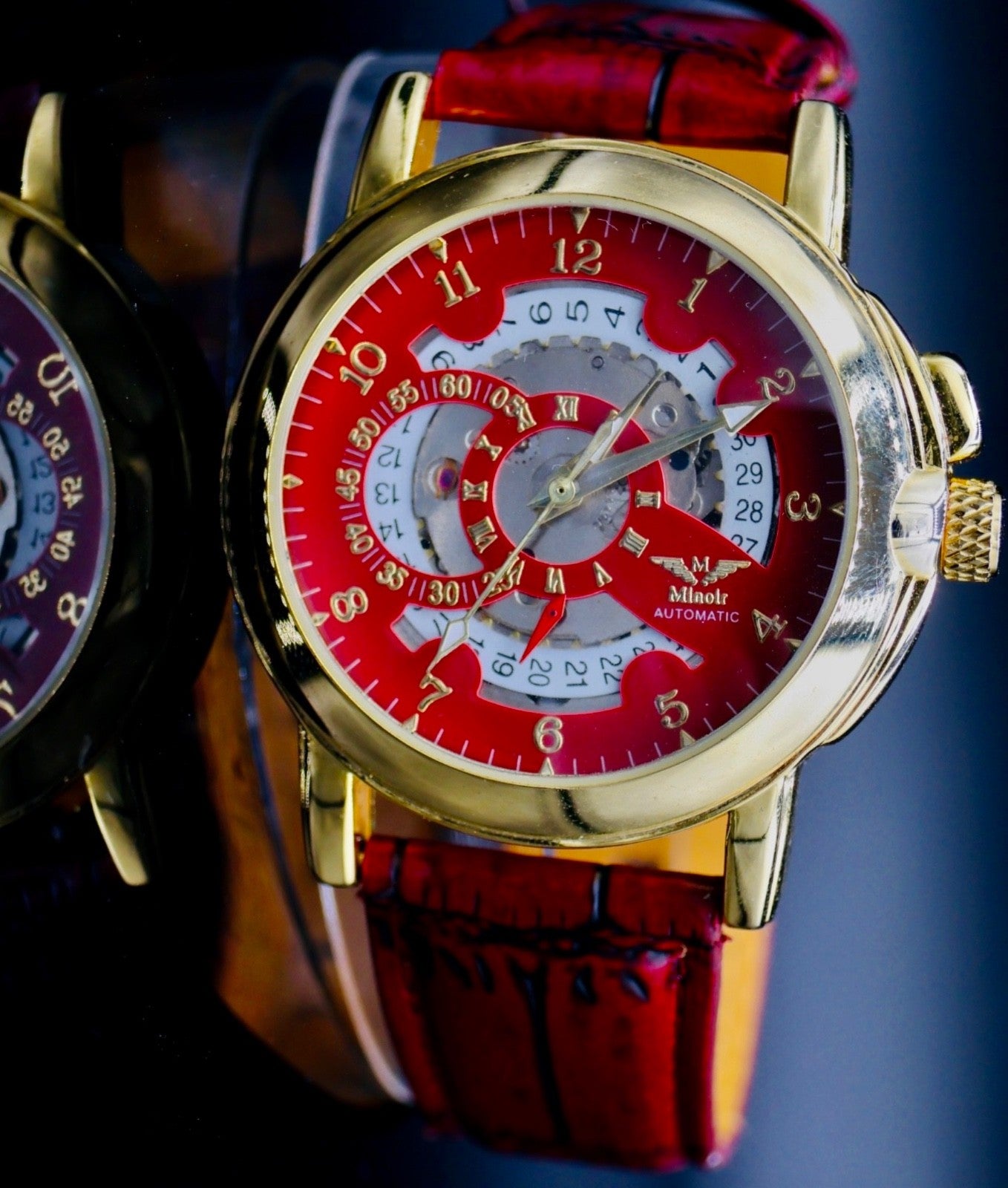 Edle Herren Uhr Automatik Armbanduhr  Rot Farben Minoir Herrenuhr mit Lederband0