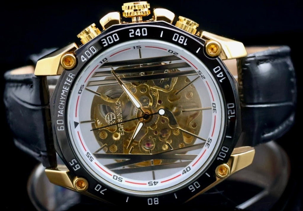 FORSINING Herren Automatik Skelett Uhr Schwarz Gold Leder Leuchtzeiger 46mm Neu1