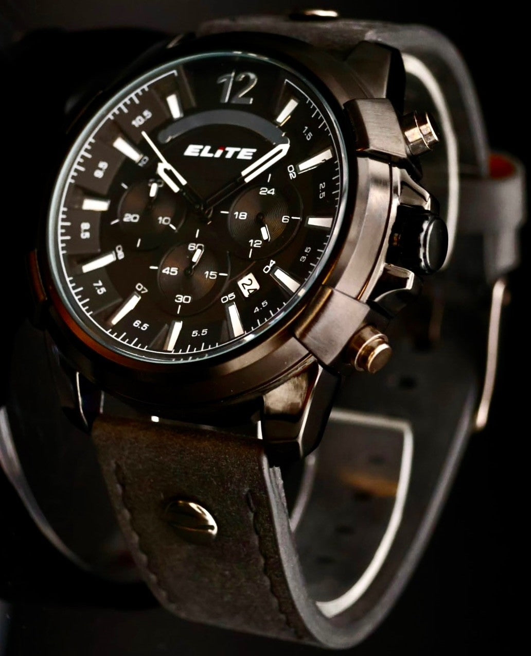 Mega Edle Elite Herren Armband Uhr Chronograph Datum Schwarz NEU0