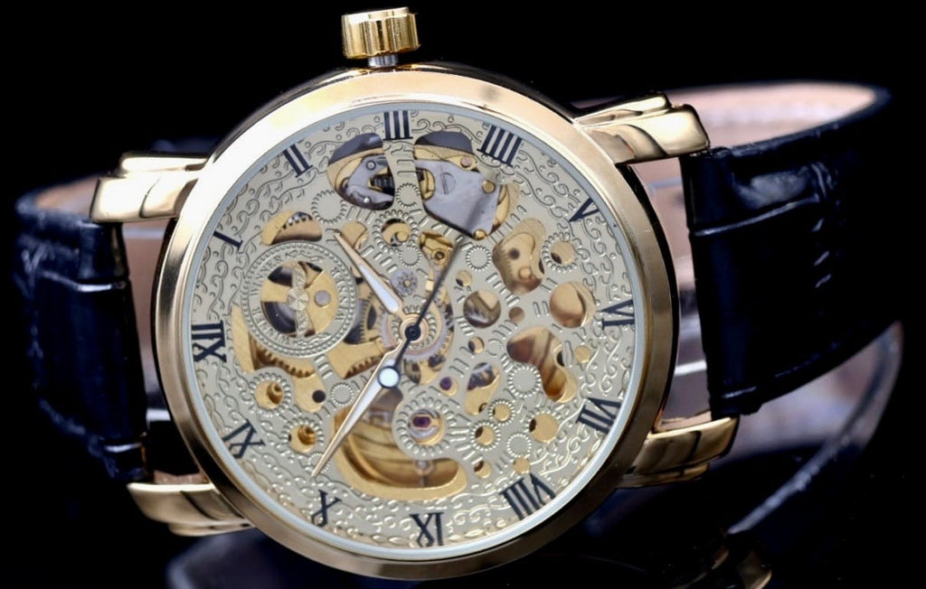 WINNER Herren Automatikuhr Gold Schwarz Skelett Vintage Uhr Leder Luxus Design1