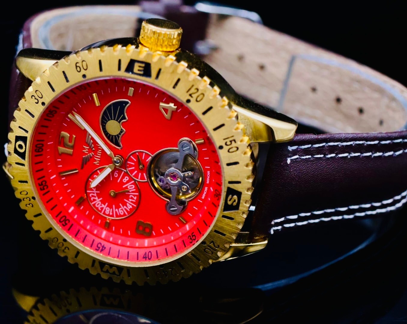 Edle Herren Uhr Automatik Armbanduhr Rot Braun Farben Minoir Herrenuhr Lederband0