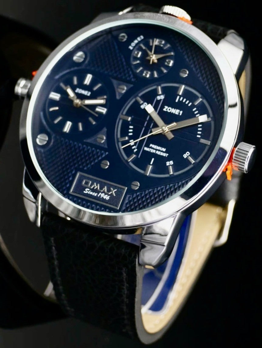 XXL Omax Monster Watch Herren Armband Uhr Dual Triple Timer Schwarz Blau NEU0