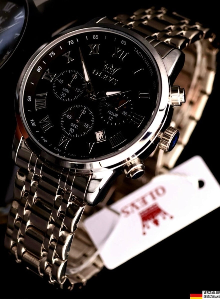 Herren Männer Armband Uhr Chronograph Stoppuhr Datum Schwarz Silber Farben ¨NEU0