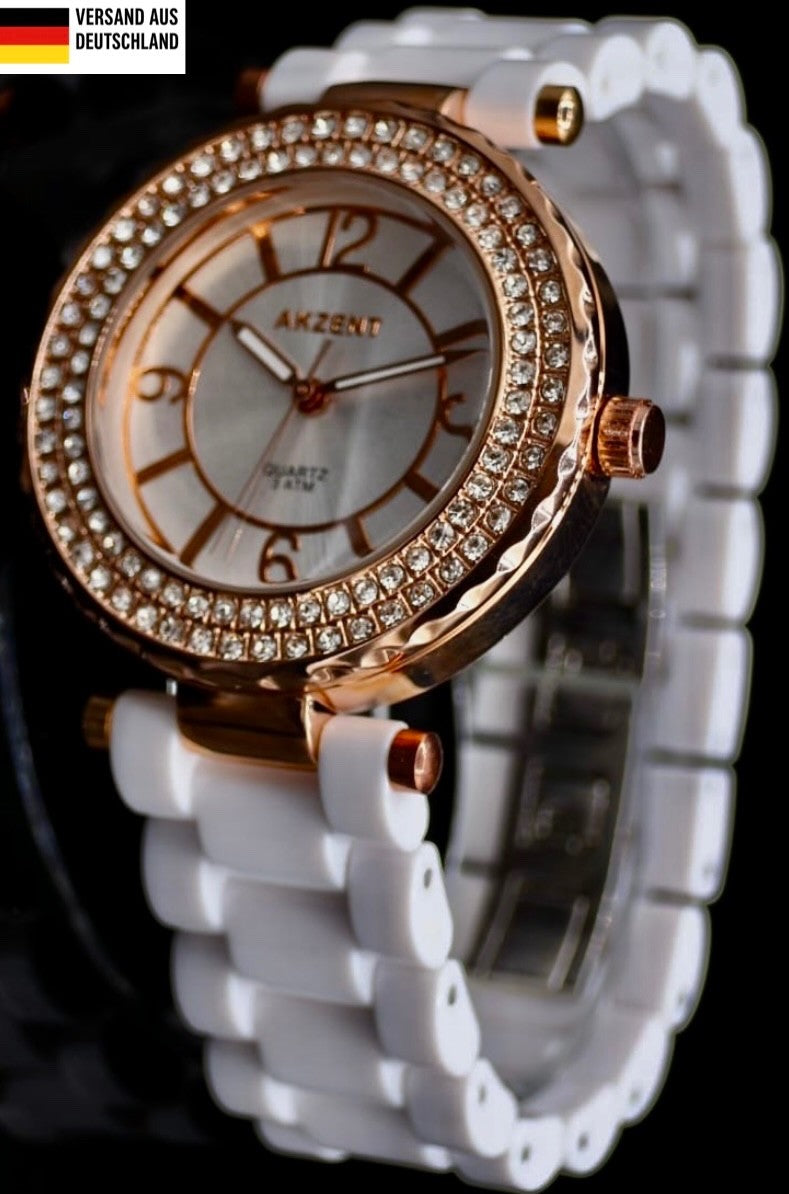 - Akzent Damen Frauen Armband Uhr Rosé Weiß Farben Damenuhr Mineralglas Strass -0