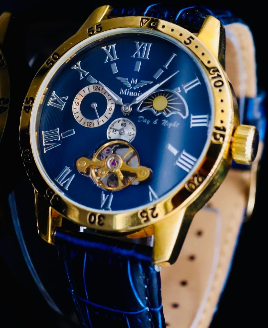 Minoir Herren Uhr Automatikuhr Armbanduhr Gold Blau Farben Herrenuhr Lederband1