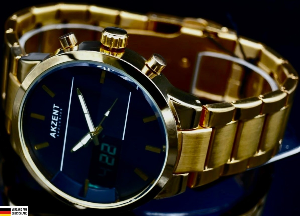 Akzent Exclusive Herren Männer Analog & Digital Armband Uhr Goldfarben Herrenuhr0