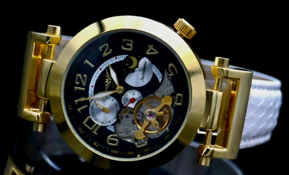 Edle Herren Uhr Automatikuhr Leder Armbanduhr Minoir  offene Unruh B-WARE1