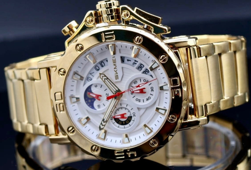 HERREN CHRONOGRAPH ARMBAND UHR GOLD FARBEN LUXURY EDELSTAHL 52MM NEU1