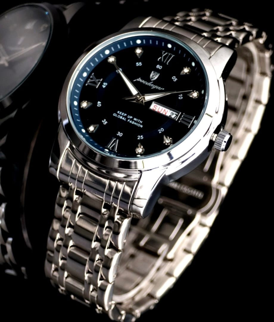 Herren Männer Armband Uhr Blau Silber Farben Edelstahlarmband Tag/Datumsanzeige1