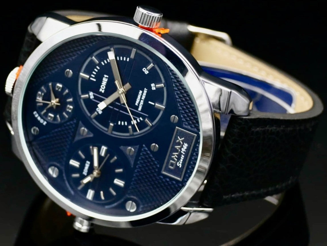 XXL Omax Monster Watch Herren Armband Uhr Dual Triple Timer Schwarz Blau NEU1