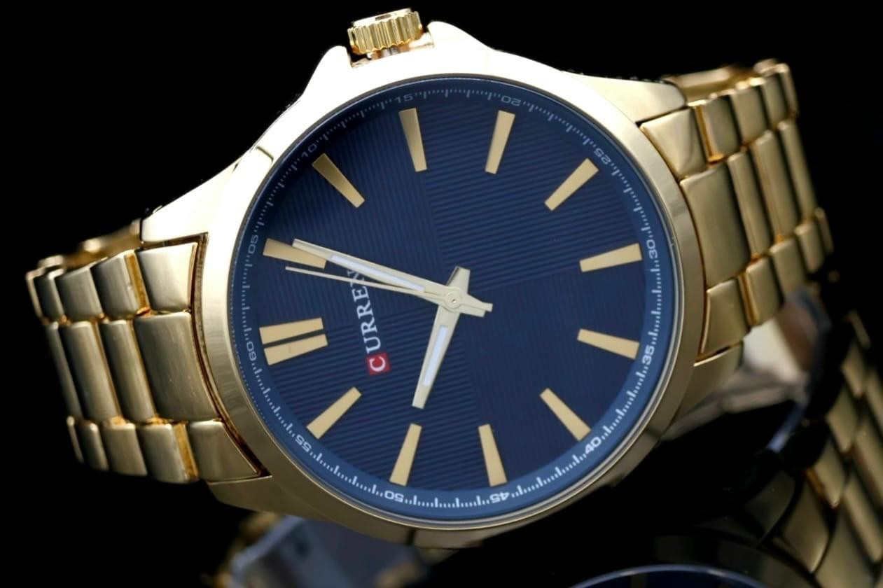 Edle Herren Männer Uhr Armbanduhr Blau Gold Farben Quarz Edelstahl Leuchtzeiger1