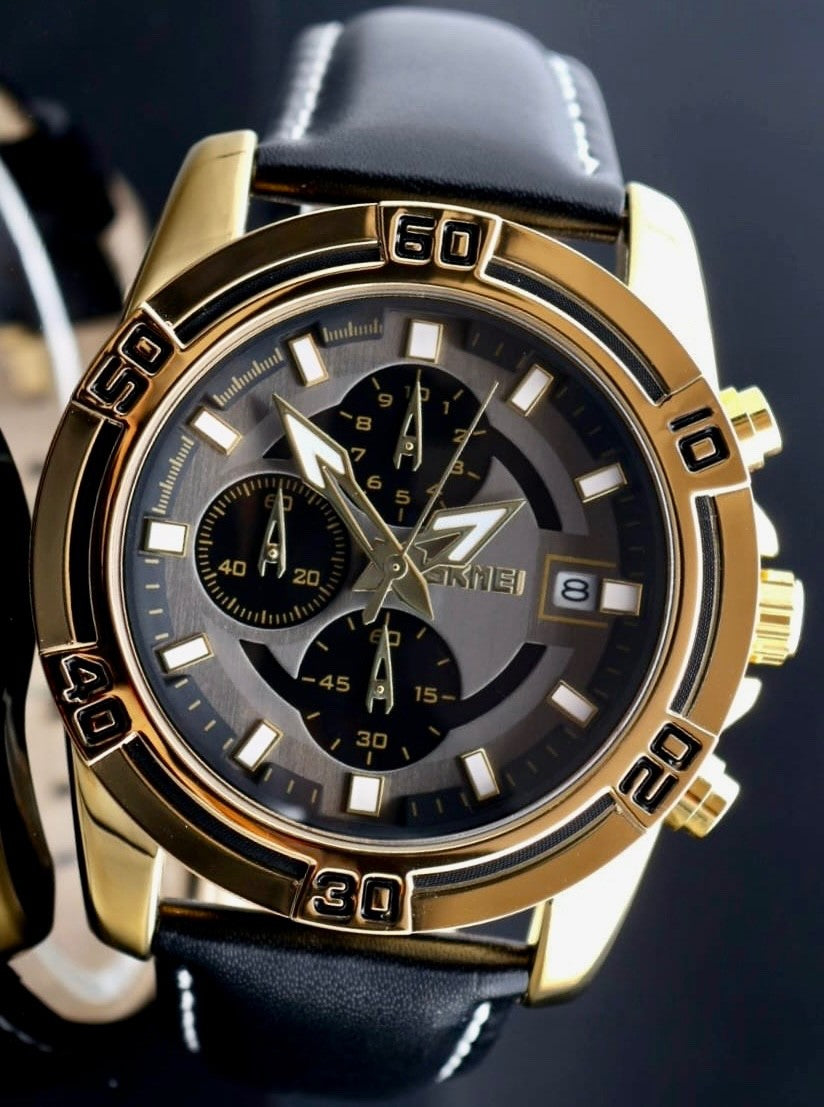 Herren Chronograph SKM Armband Uhr Leder 48MM  Datumsanzeige Stoppfunktion0