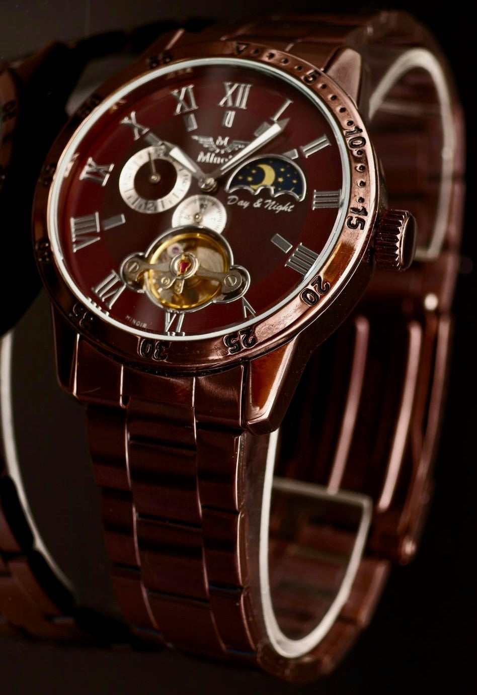 Minoir Automatik Herren Armbanduhr Modern mechanisch Glasboden Bronze Farben0