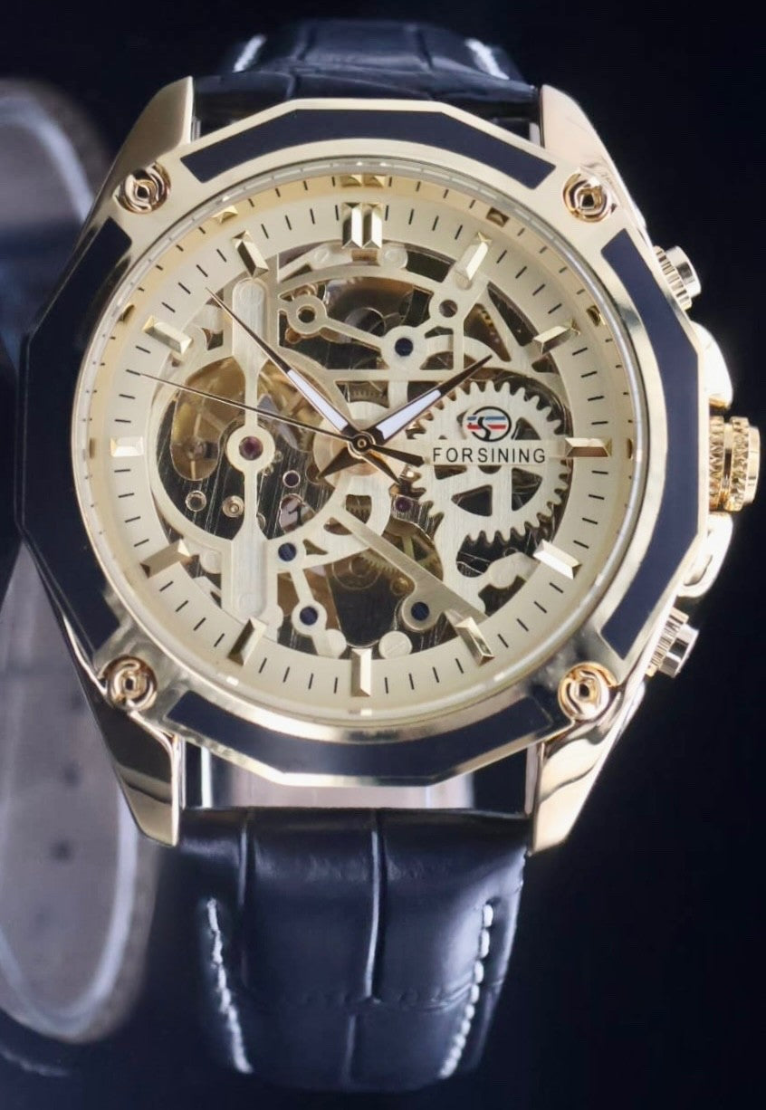 FORSINING - AUTOMATIK - UHR - HERREN - SKELETTUHR - LEDER - GOLD / SCHWARZ - NEU0