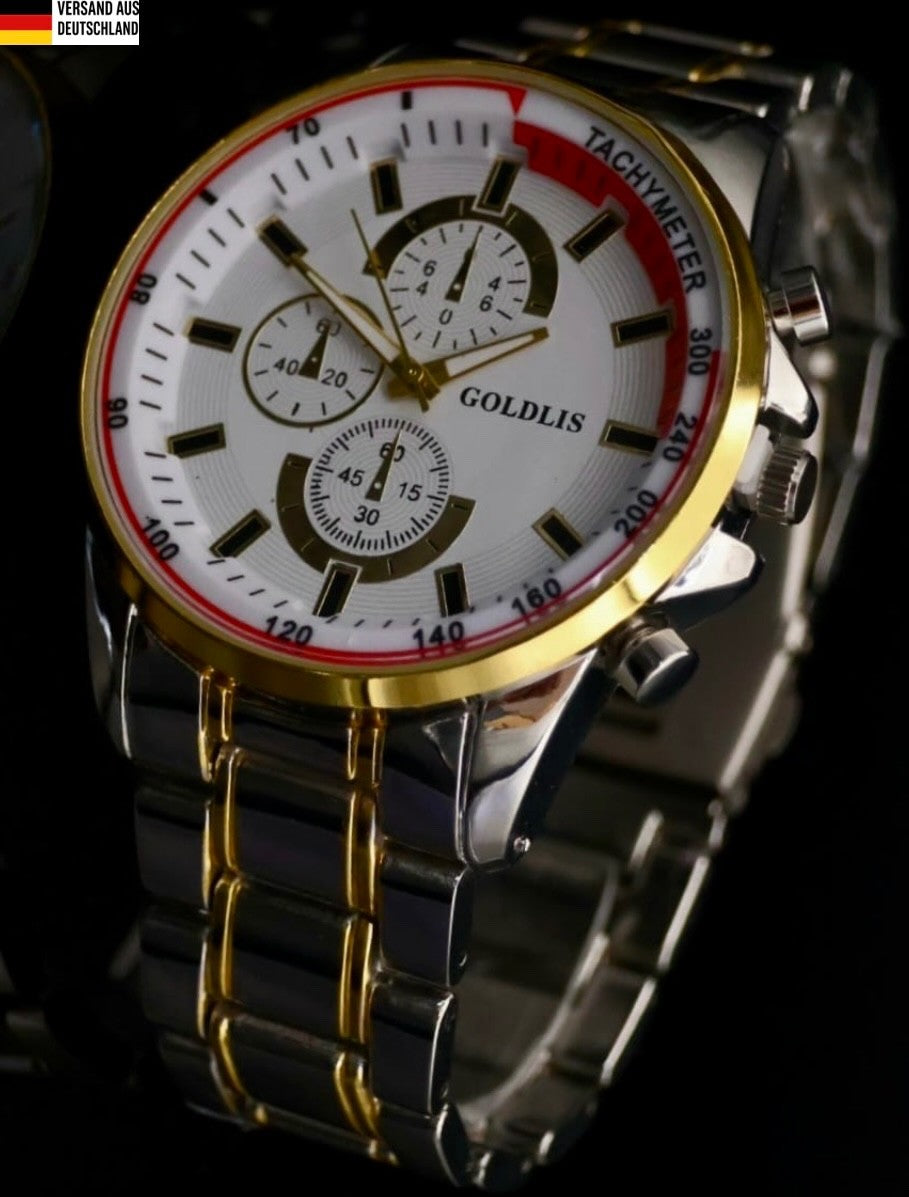 Herren Armband Männer Uhr  Silber Gold Farben Chrono-Look Bicolor*0