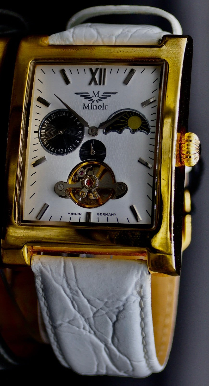 Schicke Herren Uhr Automatikuhr Armbanduhr Minoir Lederband Herrenuhr Weiss0