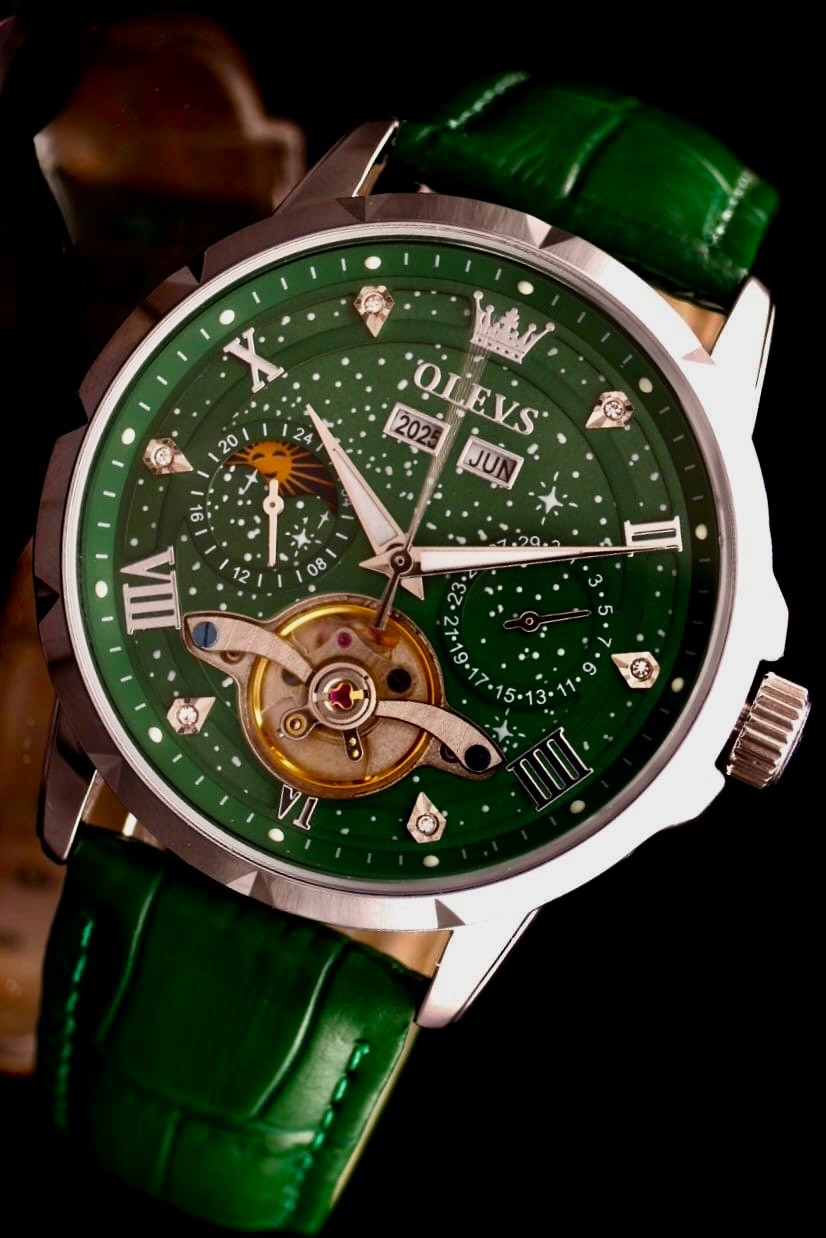 OLEVS Automatik Herren Männer Uhr Automatikuhr Grün Silber Farben Vollkalender0