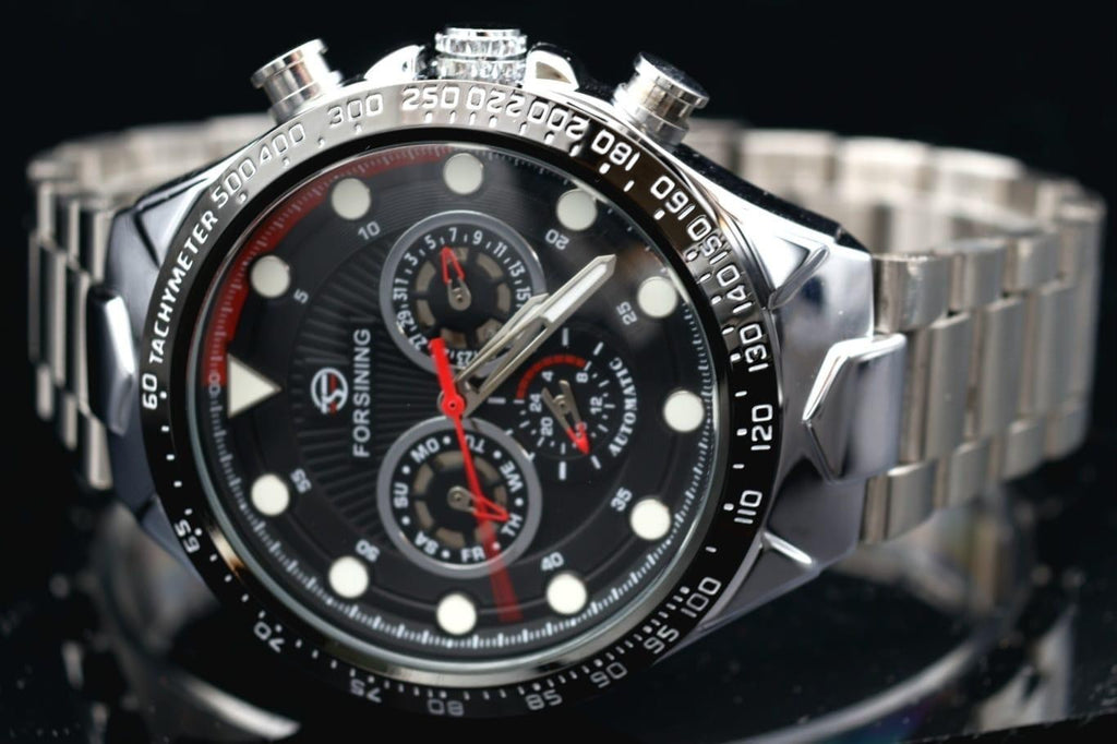 Sportliche Herren Männer Automatik Uhr Schwarz Silber Farben mit Kalender Top1