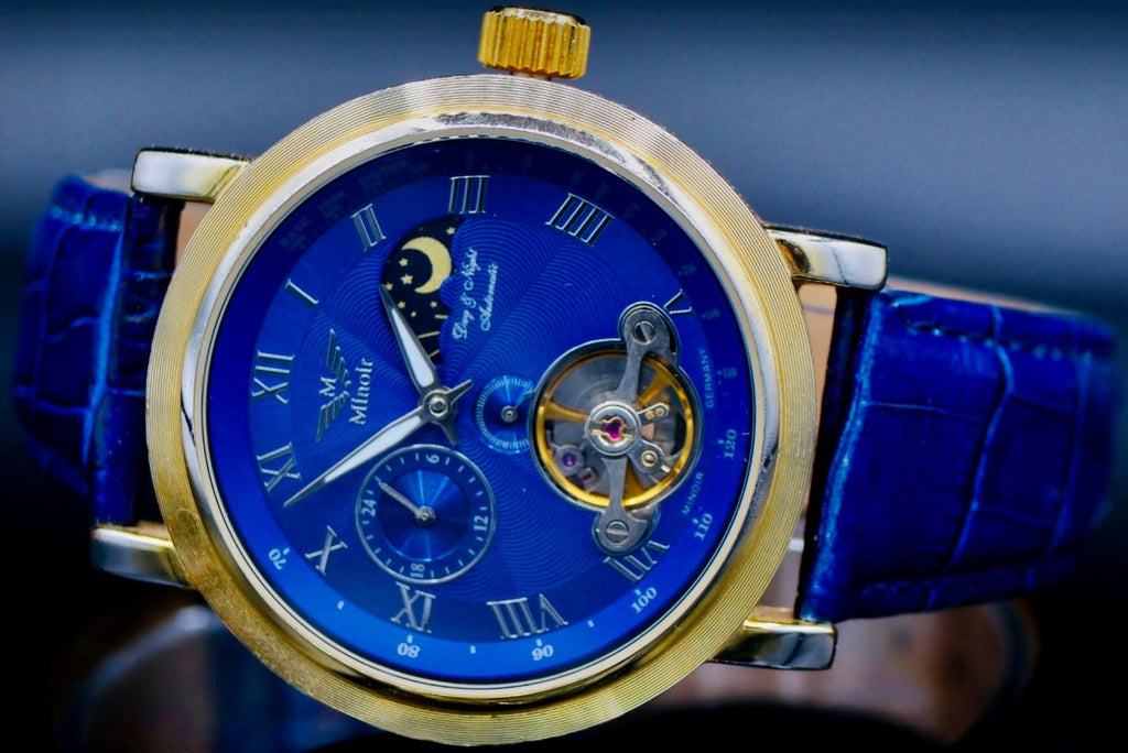 Minoir Herren Uhr Automatik Armbanduhr Blau Gold Farben Herrenuhr Lederarmband1