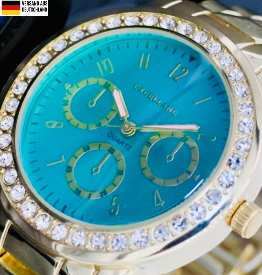 Excellanc  Damen  Armband Uhr Blau Türkis Gold Farben Damenuhr Strass Chronolook0