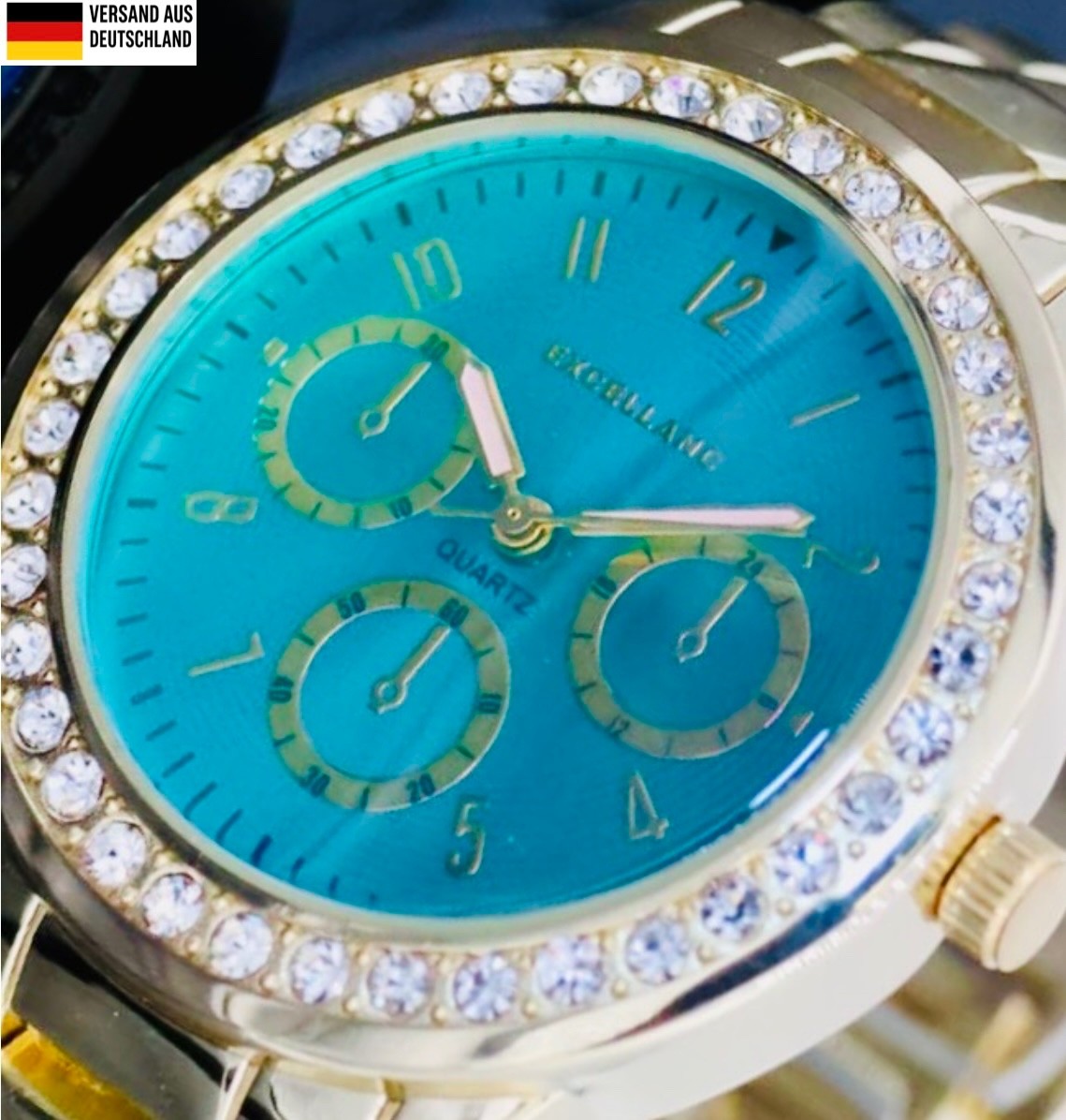Excellanc  Damen  Armband Uhr Blau Türkis Gold Farben Damenuhr Strass Chronolook0