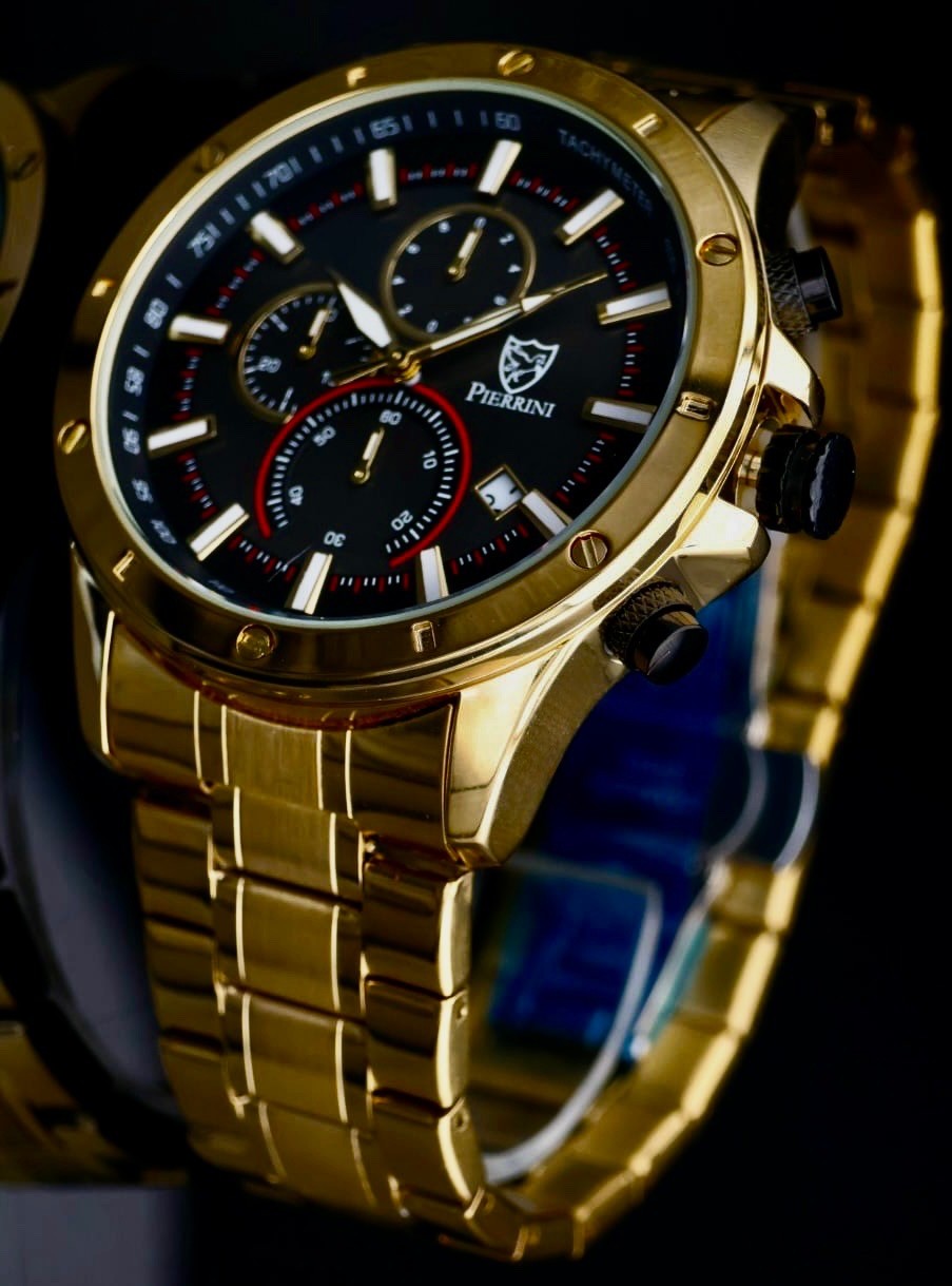 Edle Pierrini Herren Armband Uhr Chronograph Stoppuhr Datum Schwarz Gold Farben0