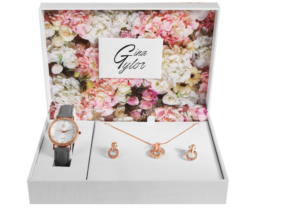 GinaTylor Damen Geschenkset Armbanduhr Halskette und Ohrringe Rosé Grau Farben1