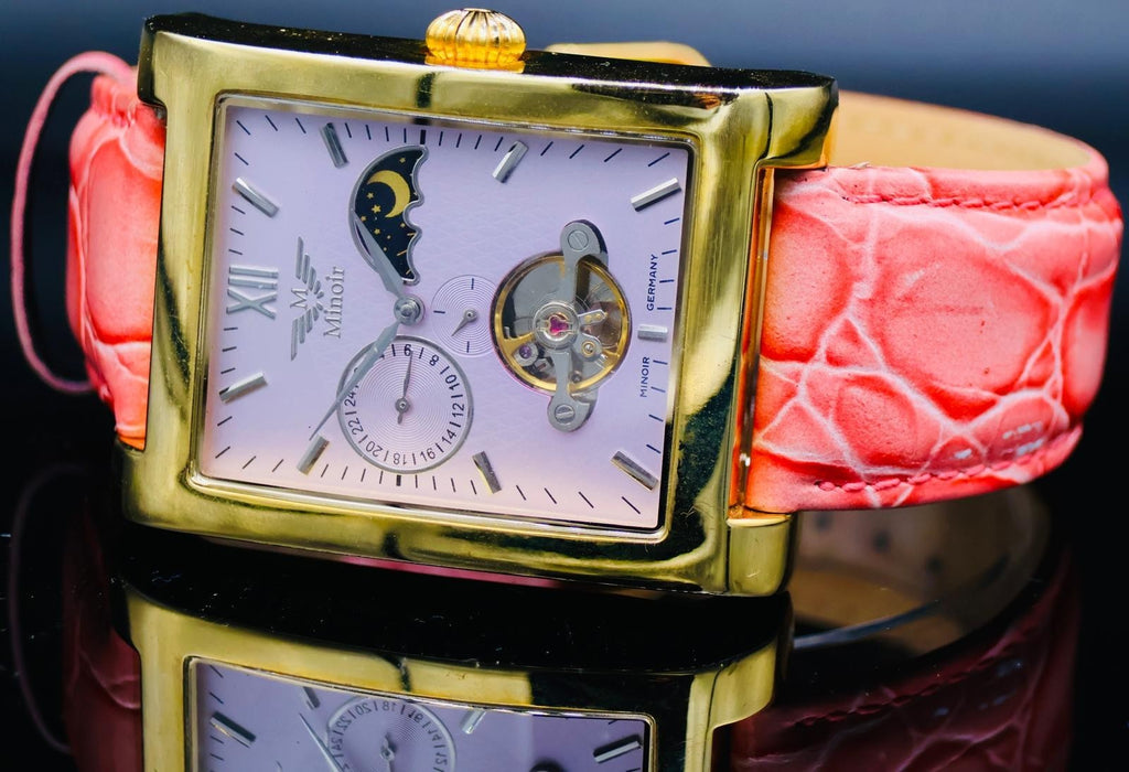 Klassische Damen Uhr Automatikuhr Armbanduhr Minoir Lederband Damenuhr Pink0
