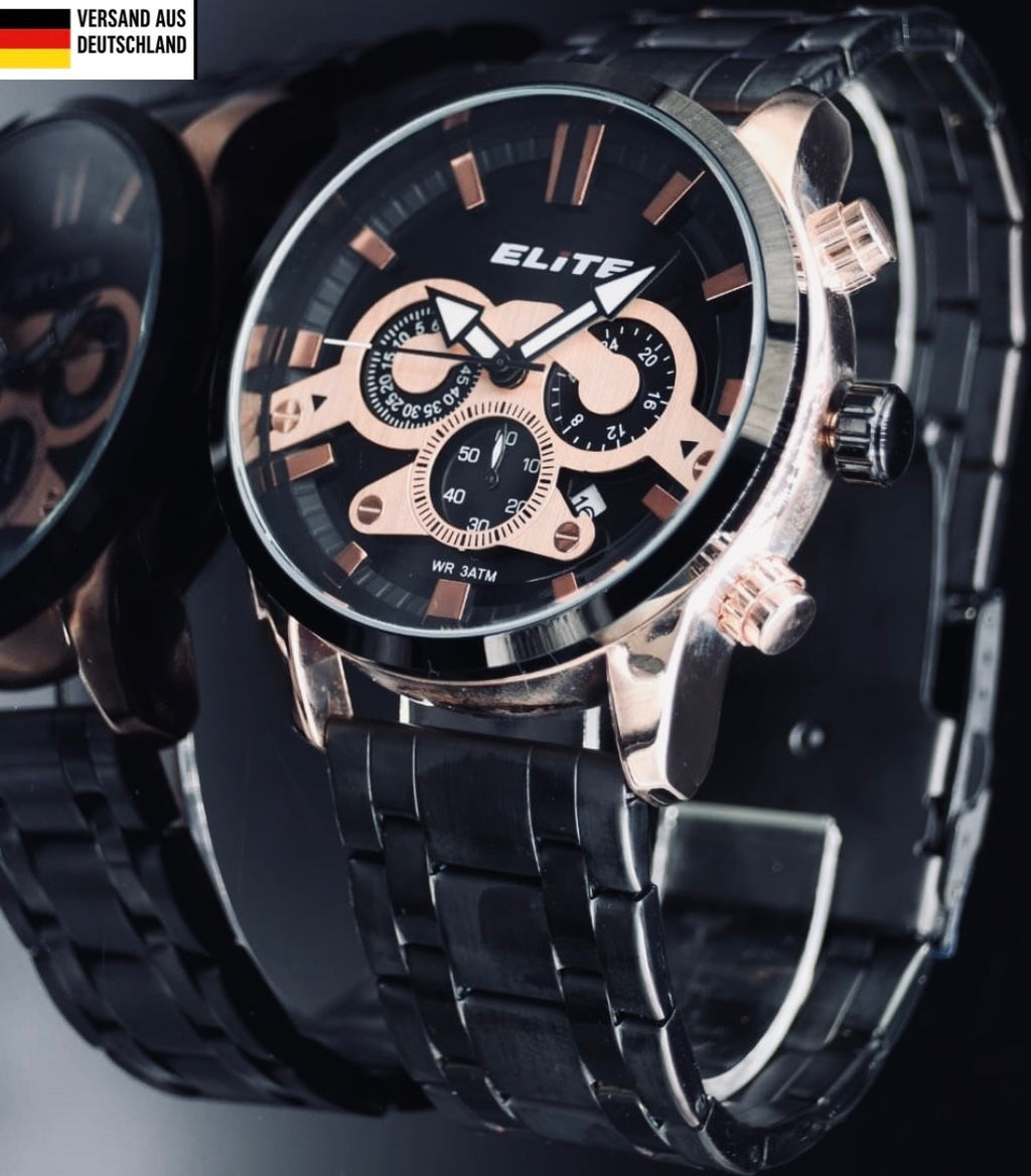 Elite Herren Edelstahl Armband Uhr Chronograph Rose Gold Schwarz Farben Datum0