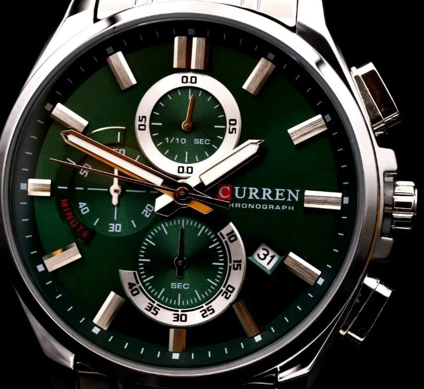 Herren Armband Uhr Edelstahl Chronograph Stoppuhr Datum Grün Silber Farben2