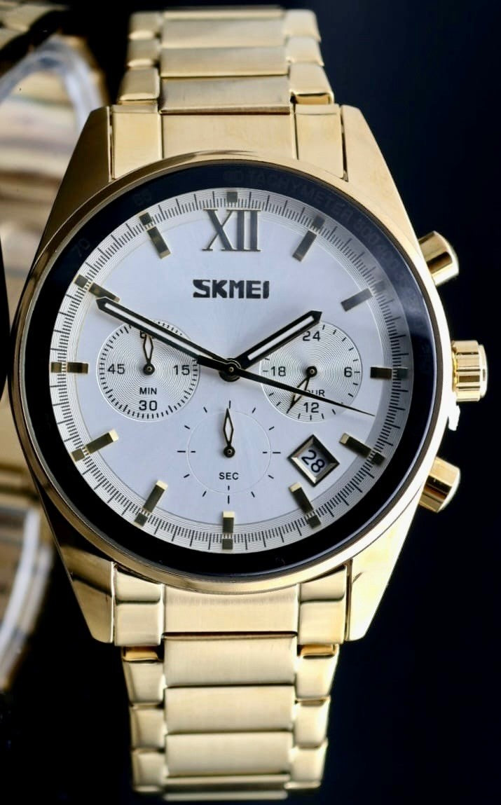 SKM - HERRENUHR - CHRONOGRAPH - GOLDFARBEN - DATUM - STOPPUHR - EDELSTAHL - 42MM1