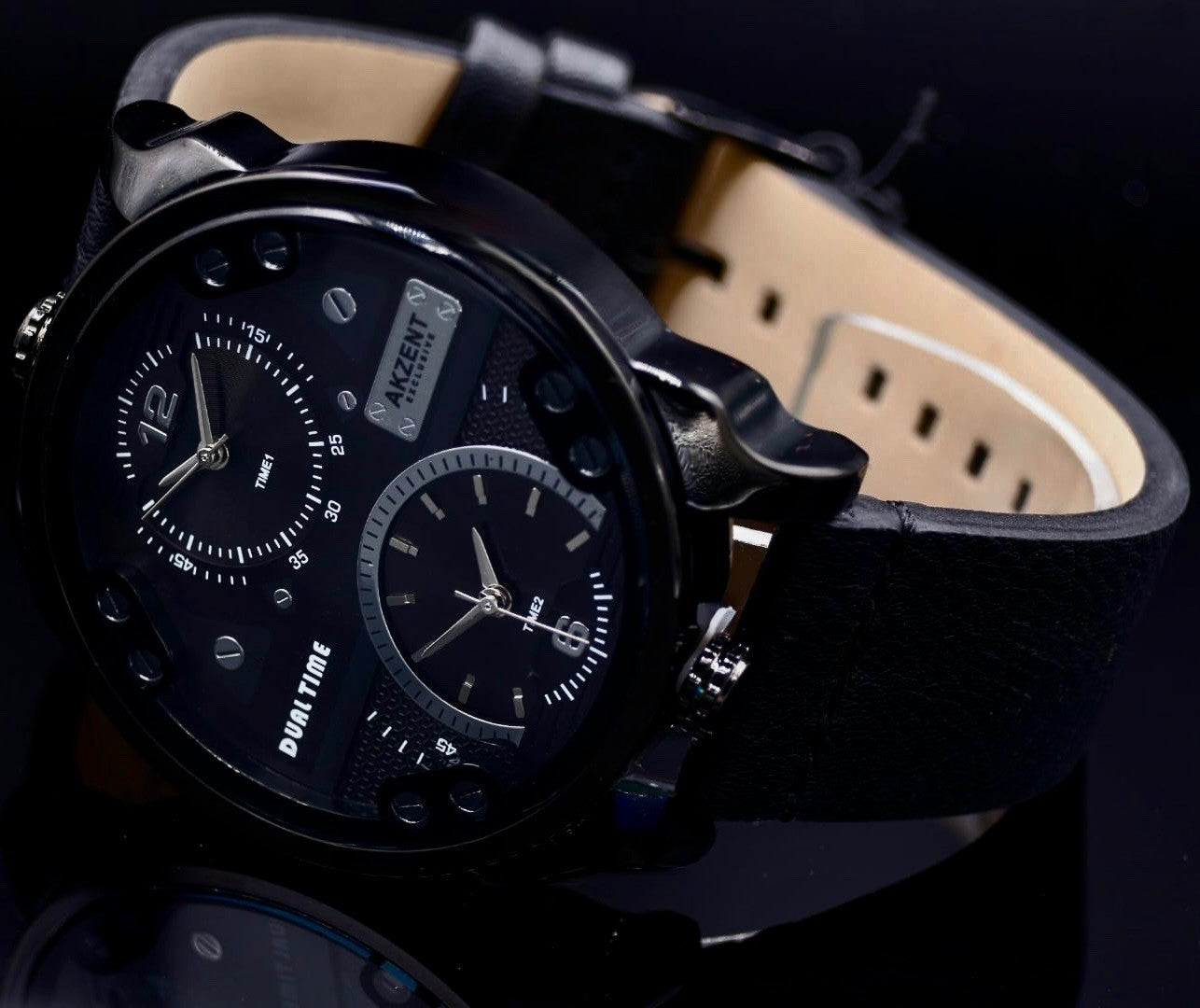 Akzent XL Herren Quarz Armband Männer Uhr Schwarz Dualtimer NEU1