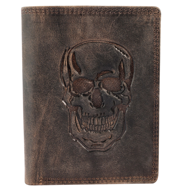 Akzent Basic Leder Geldbörse RFID Schutz Portemonnaie Braun Totenkopf Motiv 30