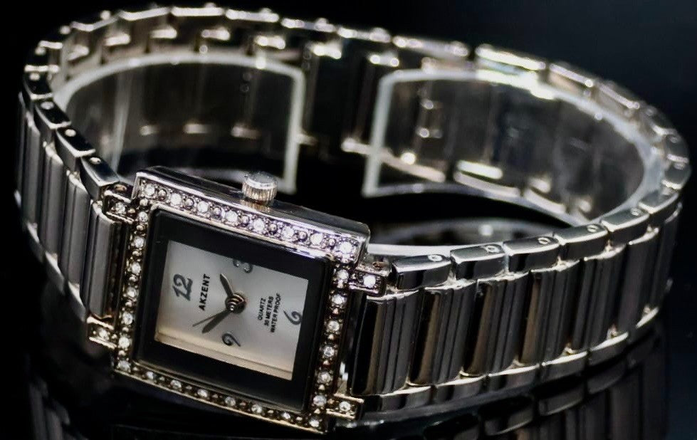 Akzent Frauen Damen Armband Uhr Schwarz Weiß Silber Farben Damenuhr Strass1