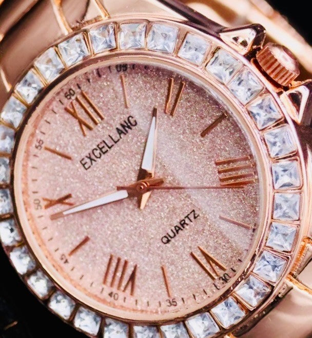 Excellanc Damen Armband Uhr Rosé Farben Damenuhr Strass 12 Stunden Anzeige3