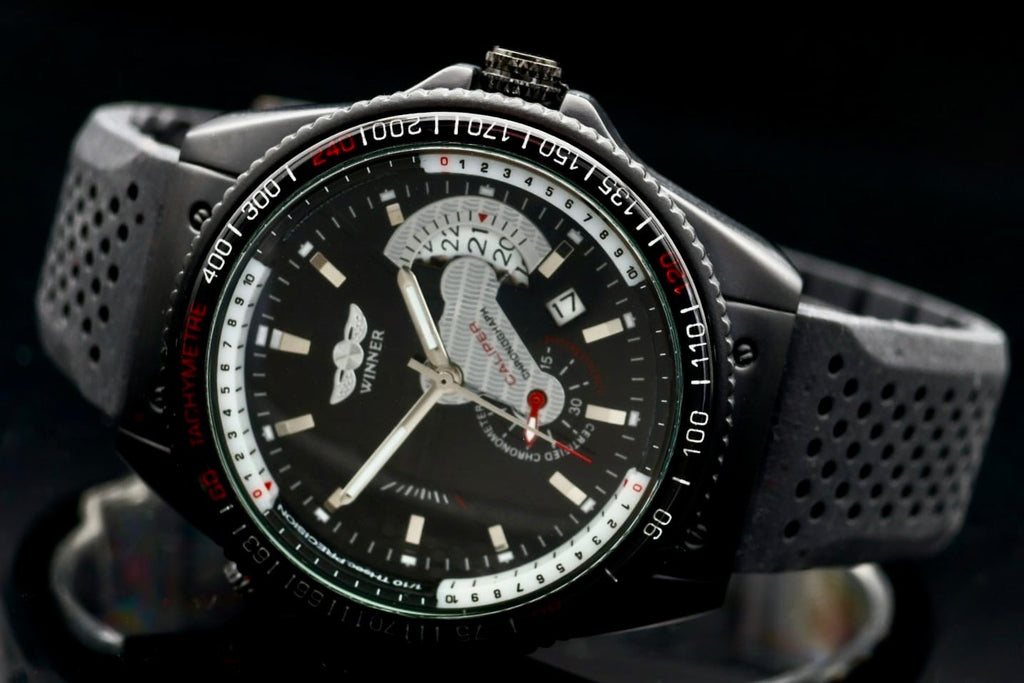 WINNER Herren Automatikuhr Schwarz Kautschukarmband Uhr Sport Design Datum1