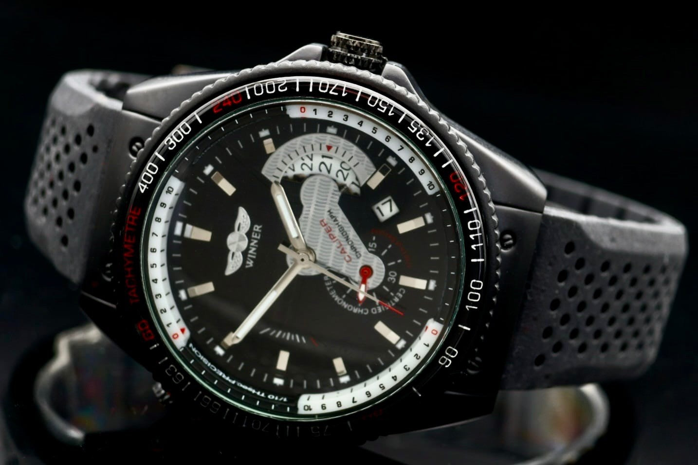 WINNER Herren Automatikuhr Schwarz Kautschukarmband Uhr Sport Design Datum1