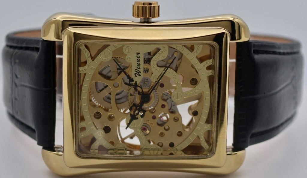 Winner Herren Automatik Uhr Gold Farben Mechanisch Lederband Skelettuhr 34x34mm1