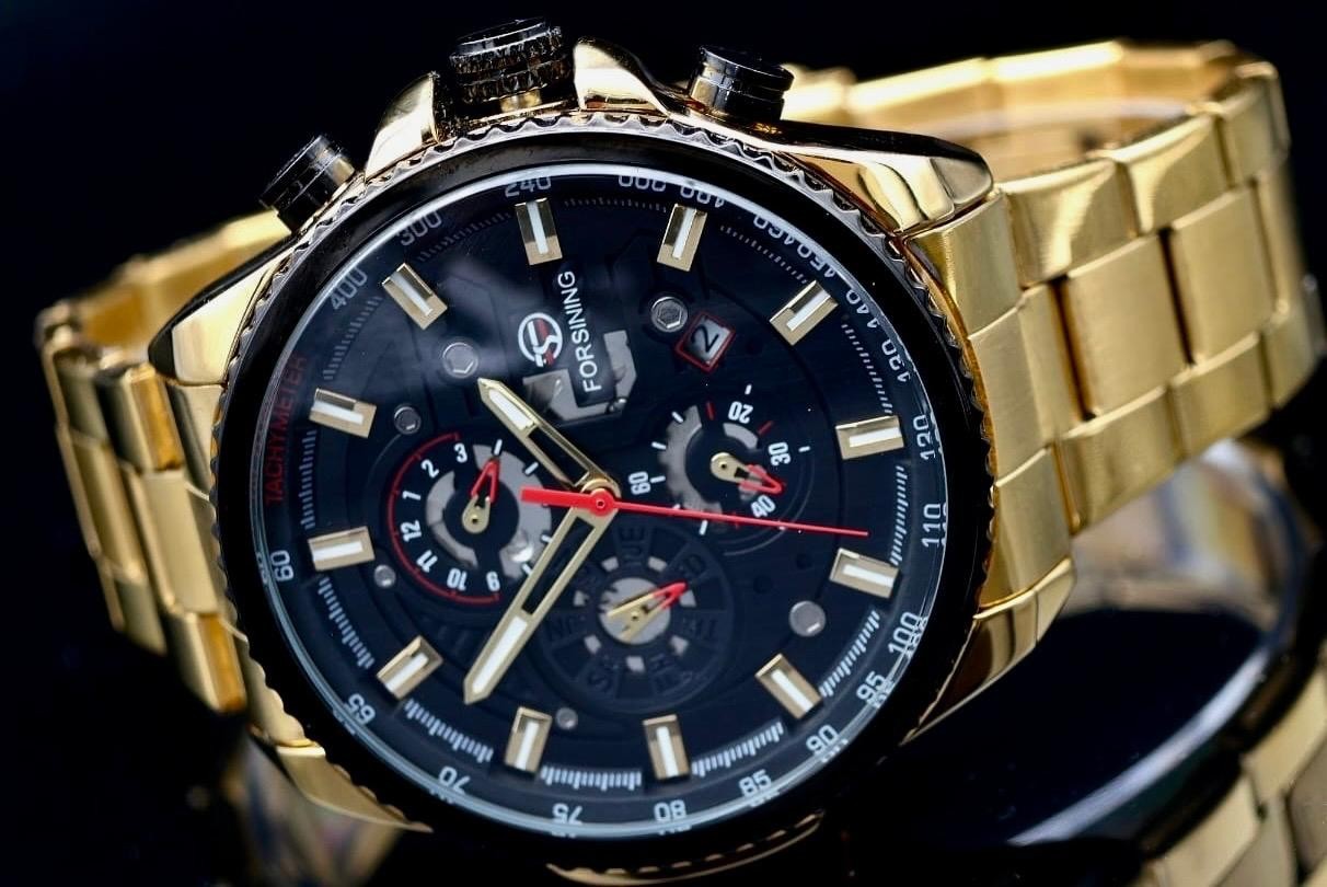 Exklusive Herren Männer Automatik Uhr Gold Farben sportliches Design Kalender #2